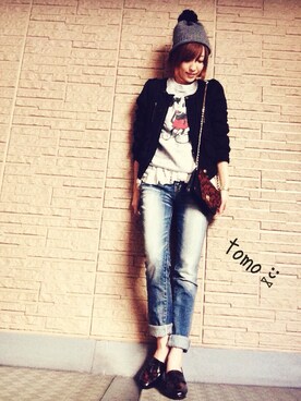 「チュールニット帽」｜tomo⑅̆̈さん（レディース・156cm）の秋コーディネート