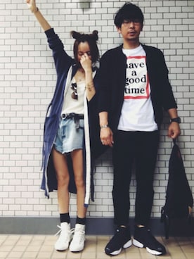 「カップル」｜「アイテム（その他アウター）」を使った、tomo⑅̆̈さん（レディース・156cm）の夏コーディネート