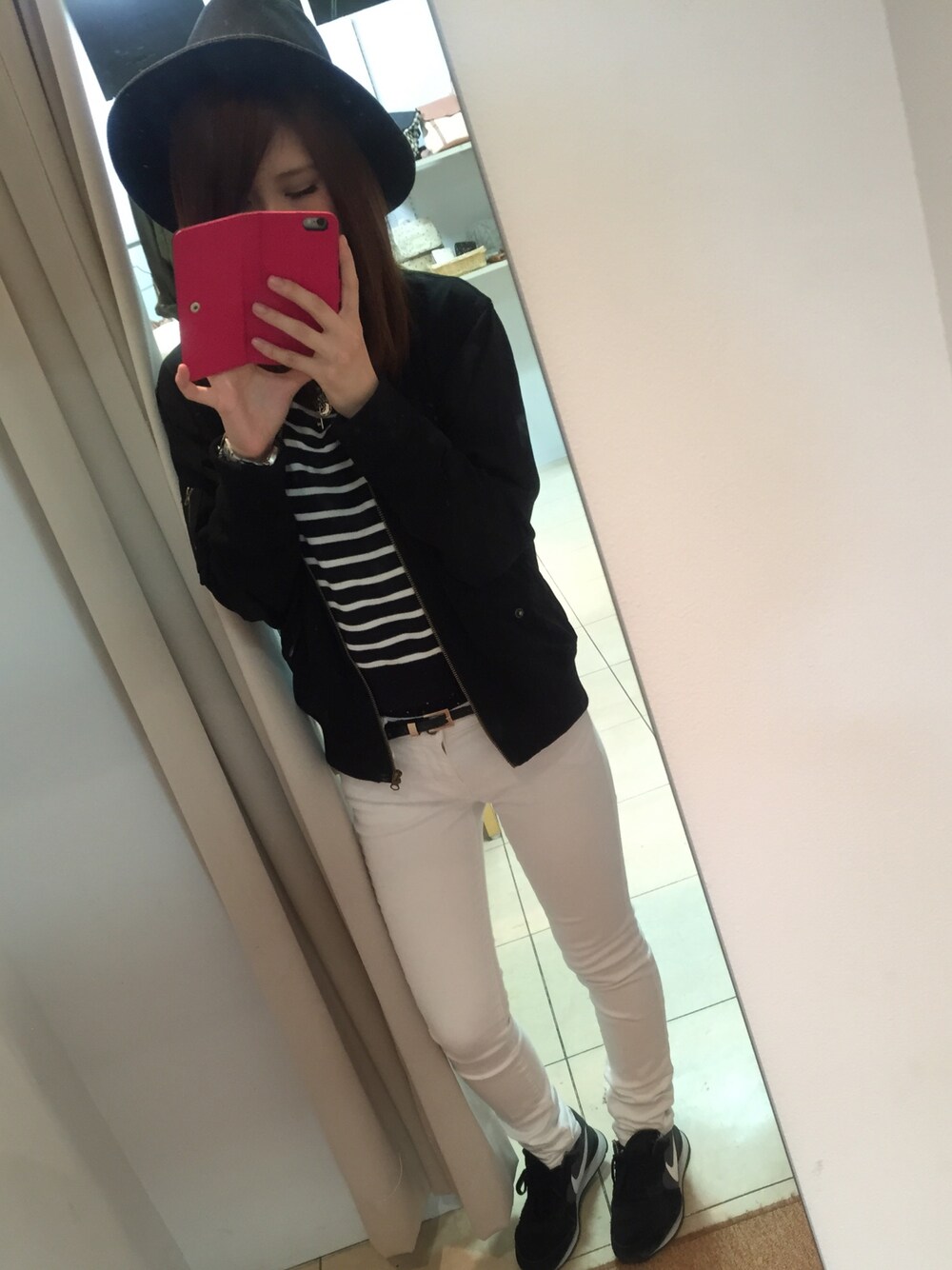 「GU、NIKE、OLIVE des OLIVE」｜「OLIVE des OLIVEのアイテム（ブルゾン、ブラック系）」を使った、ぷりんさん（レディース・155cm）の秋コーディネートの1枚目の写真