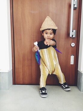 「アイテム（サロペット/オーバーオール、イエロー系）」を使った、aymさん（キッズ・80cm）の春コーディネート