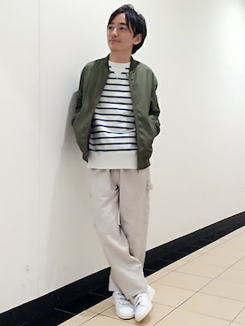 「コラボ」｜「アイテム（MA-1）」を使った、せっちゃんさん（メンズ・161cm）の冬コーディネート