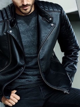 「menswear」｜「アイテム（ライダースジャケット）」を使った、M E E L E Eさん（メンズ・180cm）の冬コーディネート