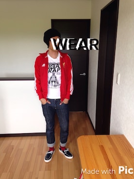 「アイテム（ジャージ、レッド系）」を使った、suzakuさん（メンズ・173cm）の夏コーディネート