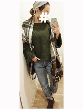 「古着のアイテム（デニムパンツ、ブルー系）」を使った、YamYさん（レディース・157cm）の冬コーディネート
