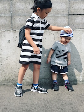 「PETIT BATEAU（プチバトー）のアイテム（ニットキャップ/ビーニー）」を使った、IKUMIさん（キッズ・120cm）の夏コーディネート