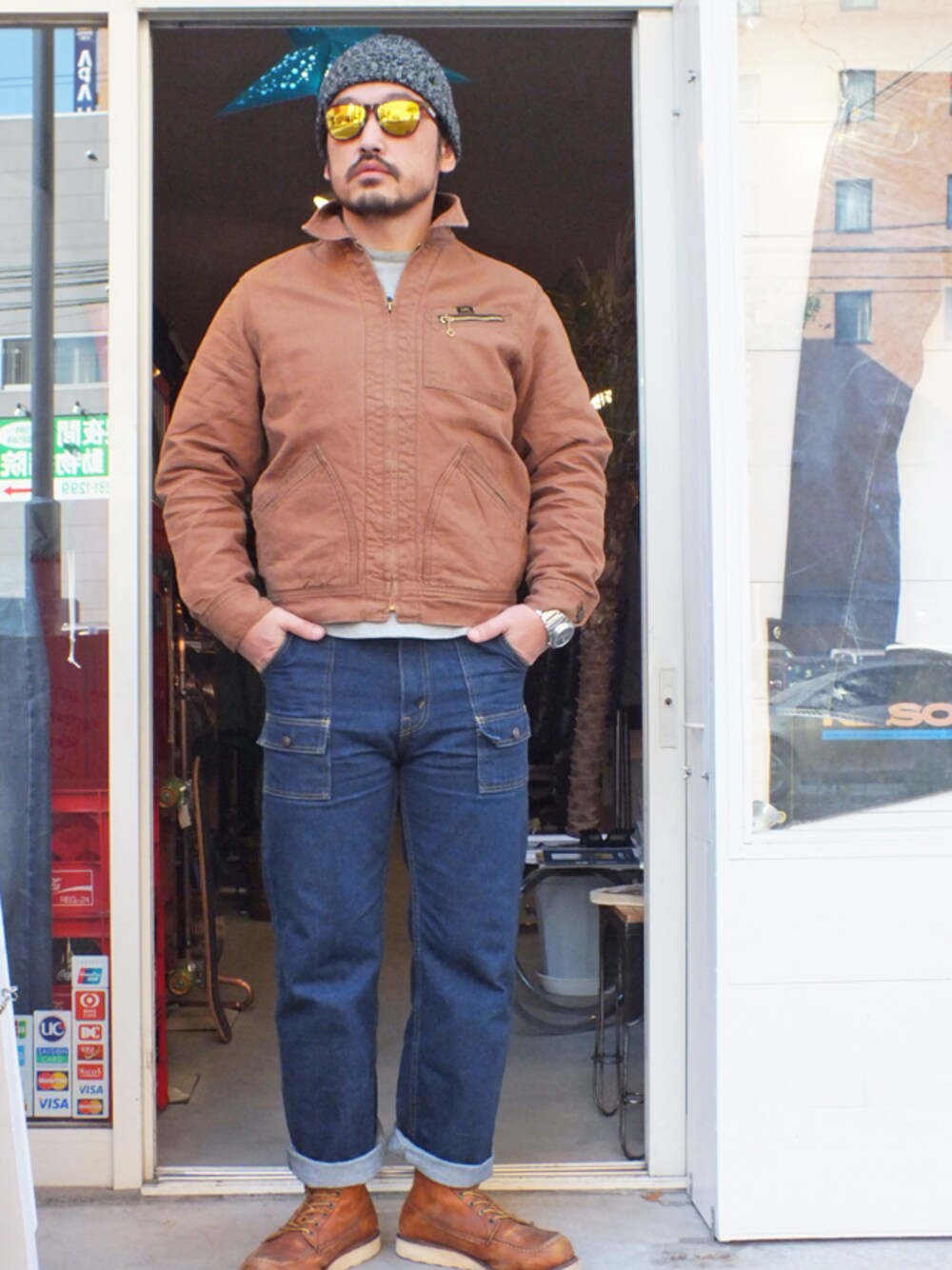 「LEE、Champion、レッドウィング、Redwing、STANDARD CALIFORNIA、ブッシュパンツ、リー、スタンダードカルフォルニア、REVERSE WEAVE、 BUSHPANTS」｜「Lee UNIFORM 91LB JACKET（カバーオール、ブラウン系）」を使った、Ryutaro Fujitaさん（メンズ・168cm）の秋コーディネートの1枚目の写真
