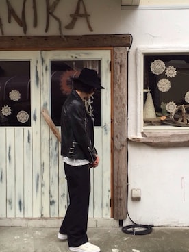 「アイテム（ライダースジャケット）」を使った、MiULiiR  / Tommyさん（メンズ・170cm・30代）の冬コーディネート