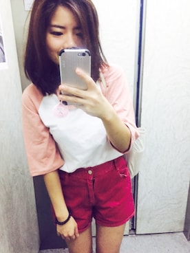 「アイテム（デニムパンツ、レッド系）」を使った、Casta Kaoさん（レディース・157cm）の夏コーディネート