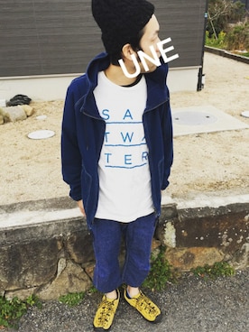 「アイテム（マウンテンパーカー、ブルー系）」を使った、UNEさん（メンズ・173cm）の春コーディネート