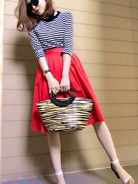 「GU（ジーユー）のアイテム（スカート、レッド系）」を使った、mamieさん（レディース・165cm）の春コーディネート