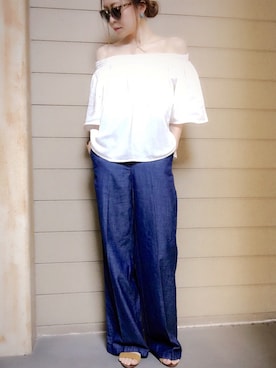 「GU（ジーユー）のアイテム（デニムパンツ、ブルー系）」を使った、mamieさん（レディース・165cm）の春コーディネート