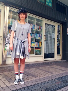 「水玉柄キャップ（キャップ、ブラック系）」を使った、にゃにゃさん（レディース・161cm）の春コーディネート