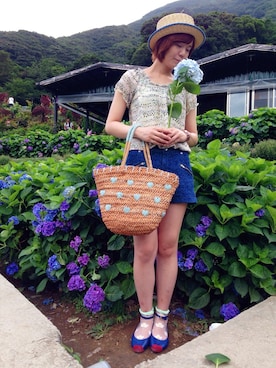 「one after another NICE CLAUP（ワンアフターアナザーナイスクラップ）のアイテム（かごバッグ、ブラウン系）」を使った、にゃにゃさん（レディース・161cm）の夏コーディネート