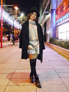 「CA4LA（カシラ）のアイテム（ハット、ブラック系）」を使った、にゃにゃさん（レディース・161cm）の冬コーディネート