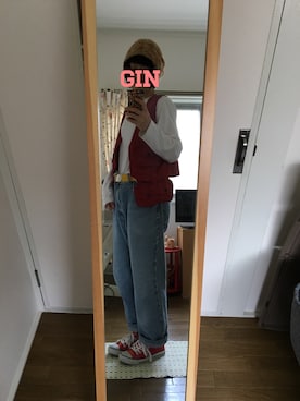 「アイテム（ベスト、レッド系）」を使った、Ginさん（レディース・159cm）の秋コーディネート