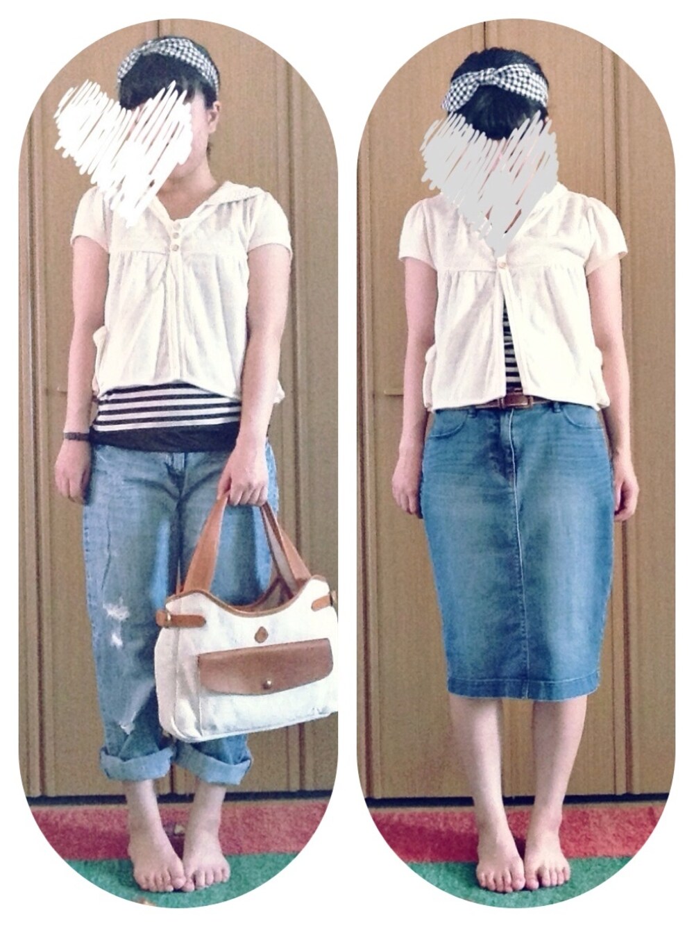 「デニム、ボーダー、ヘアバンド、UNIQLO、デニムスカート、部屋撮り、誰かの真似スタイル、WEARBOOKエントリー」｜「UNIQLOのデニムスカート（デニムスカート、ブルー系）」を使った、misa  ♡さん（レディース・155cm）の夏コーディネートの1枚目の写真