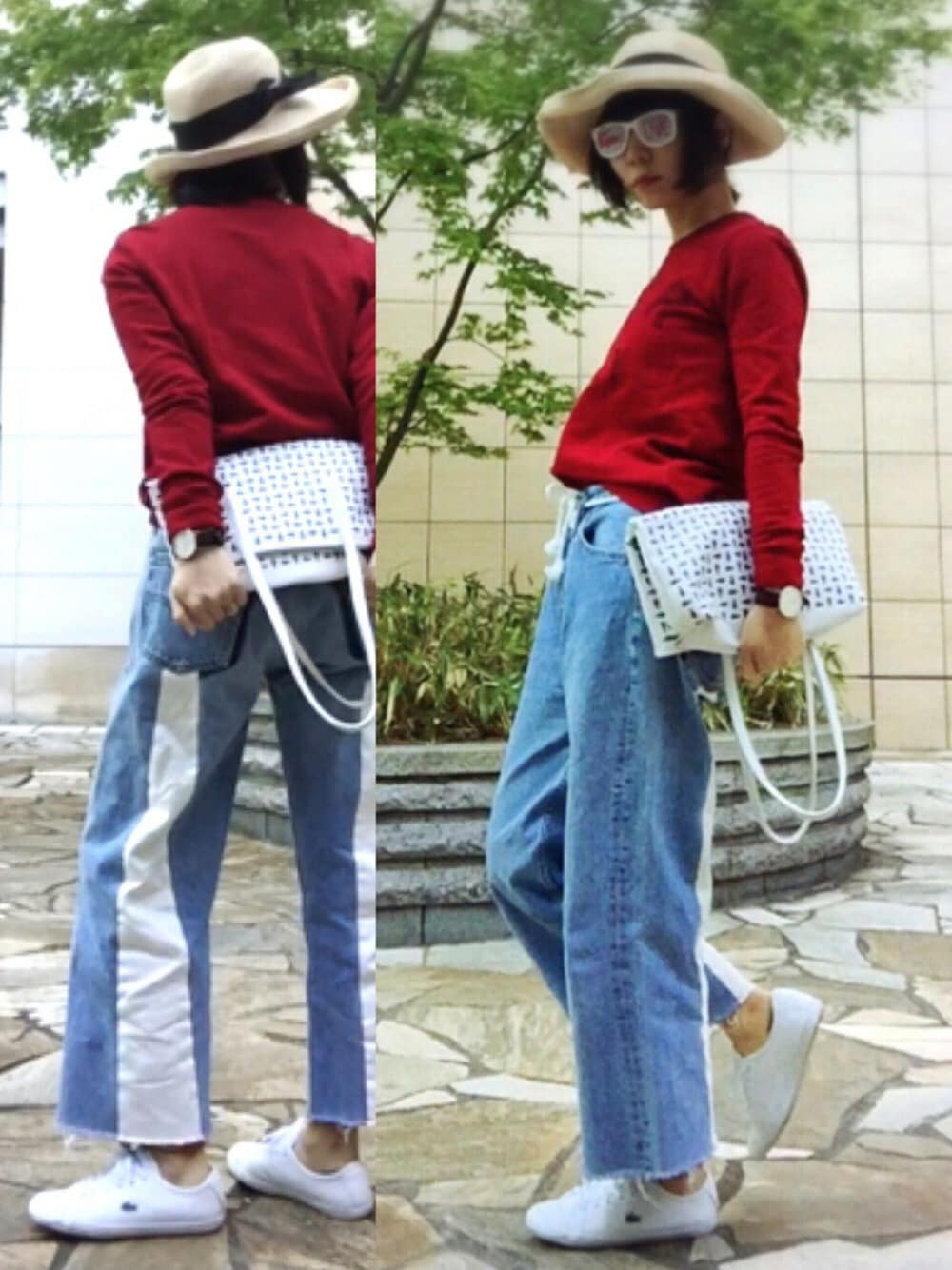 ホワイト系のトートバッグ、ブルー系のデニムパンツ、ホワイト系のスニーカーを着用したレディースの春コーディネートの1枚目の写真