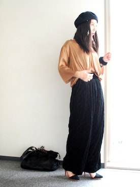 「スキッパーシャツ」｜「アイテム（ハンチング/ベレー帽）」を使った、ワニコさん（レディース・162cm）の秋コーディネート