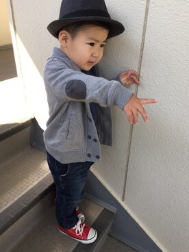 「H&M（エイチ・アンド・エム）のアイテム（カーディガン/ボレロ）」を使った、いっくん🍎さん（キッズ・90cm）の春コーディネート