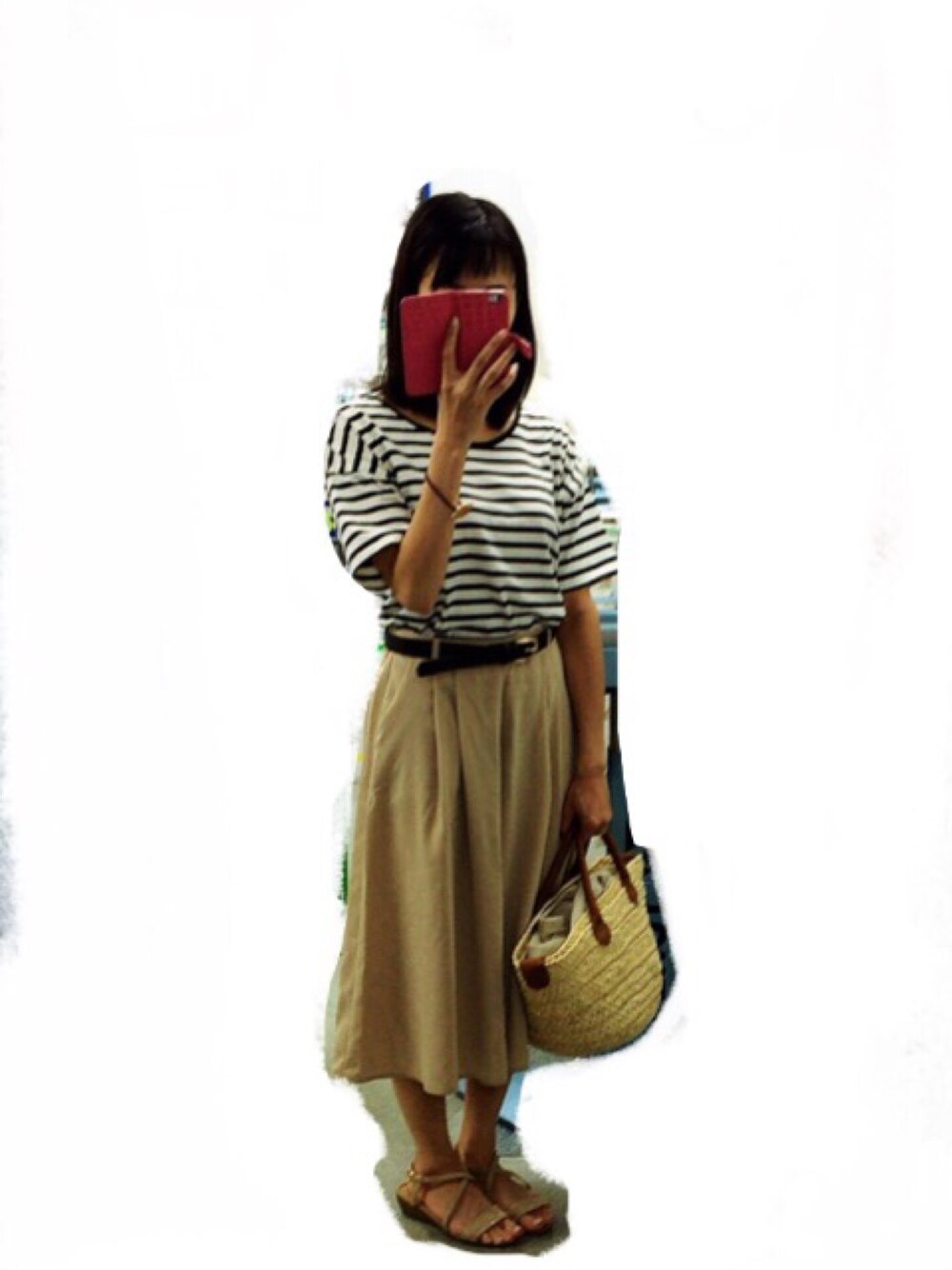 「シンプル、ボーダー、ガウチョパンツ」｜「Green　Parksのアイテム（Tシャツ/カットソー、ホワイト系）」を使った、na_yさん（レディース・150cm）の夏コーディネートの1枚目の写真