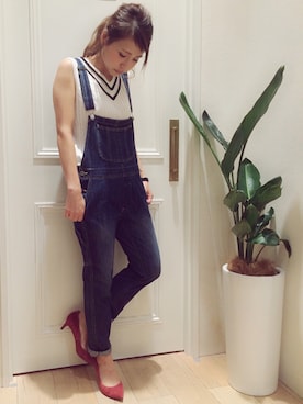 「ラインニット」｜「アイテム（サロペット/オーバーオール）」を使った、NAOKO.sさん（レディース・158cm）の夏コーディネート