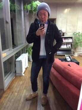 「インディゴデニム」｜「アイテム（ダッフルコート）」を使った、HIROさん（メンズ・174cm）の冬コーディネート