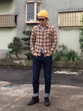 「タータンチェック」｜「アイテム（ニットキャップ/ビーニー）」を使った、HIROさん（メンズ・174cm）の春コーディネート