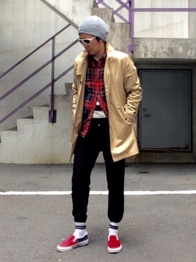 「タータンチェック」｜「アイテム（ニットキャップ/ビーニー）」を使った、HIROさん（メンズ・174cm）の春コーディネート