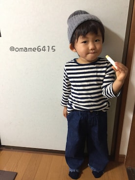 「切りっぱなし」｜「アイテム（ニットキャップ/ビーニー）」を使った、manatoさん（キッズ・90cm）の秋コーディネート
