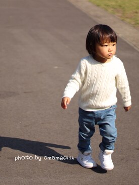 「BRANSHES（ブランシェス）のシンプルニット（ニット/セーター、ホワイト系）」を使った、manatoさん（キッズ・90cm）の秋コーディネート