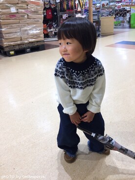 「BRANSHES（ブランシェス）のノルディック柄ニット（ニット/セーター、ホワイト系）」を使った、manatoさん（キッズ・90cm）の秋コーディネート