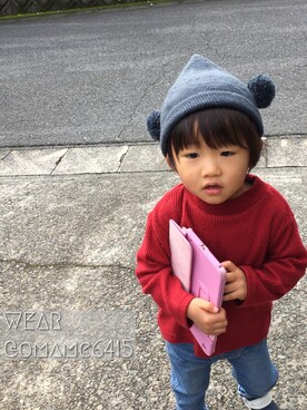 「Handmade（ハンドメイド）のアイテム（ニットキャップ/ビーニー、グレー系）」を使った、manatoさん（キッズ・90cm）の冬コーディネート