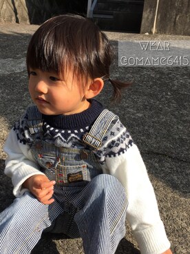 「BRANSHES（ブランシェス）のノルディック柄ニット（ニット/セーター、ホワイト系）」を使った、manatoさん（キッズ・90cm）の冬コーディネート