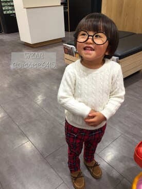 「BRANSHES（ブランシェス）のシンプルニット（ニット/セーター、ホワイト系）」を使った、manatoさん（キッズ・90cm）の冬コーディネート