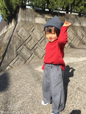 「Handmade（ハンドメイド）のアイテム（ニットキャップ/ビーニー、グレー系）」を使った、manatoさん（キッズ・90cm）の冬コーディネート