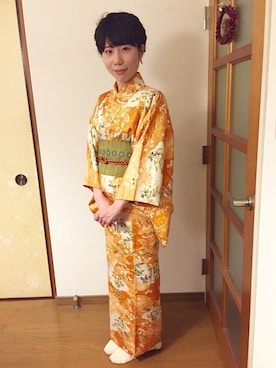 「小紋」｜「アイテム（浴衣）」を使った、まりこ。さん（レディース・154cm）の冬コーディネート