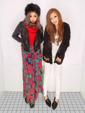 「バラ柄」｜「アイテム（ライダースジャケット）」を使った、RINAさん（レディース・157cm）の冬コーディネート