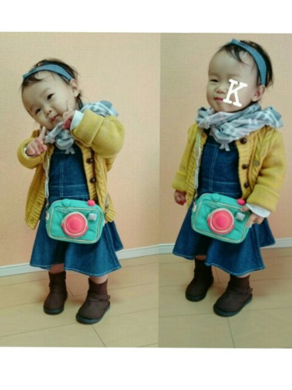 「キッズコーデ、女の子、女の子コーデ、ワンピース、ストール、1歳」｜「BRANSHESのアイテム（カーディガン/ボレロ、イエロー系）」を使った、みひろさん（キッズ・80cm）の冬コーディネートの1枚目の写真