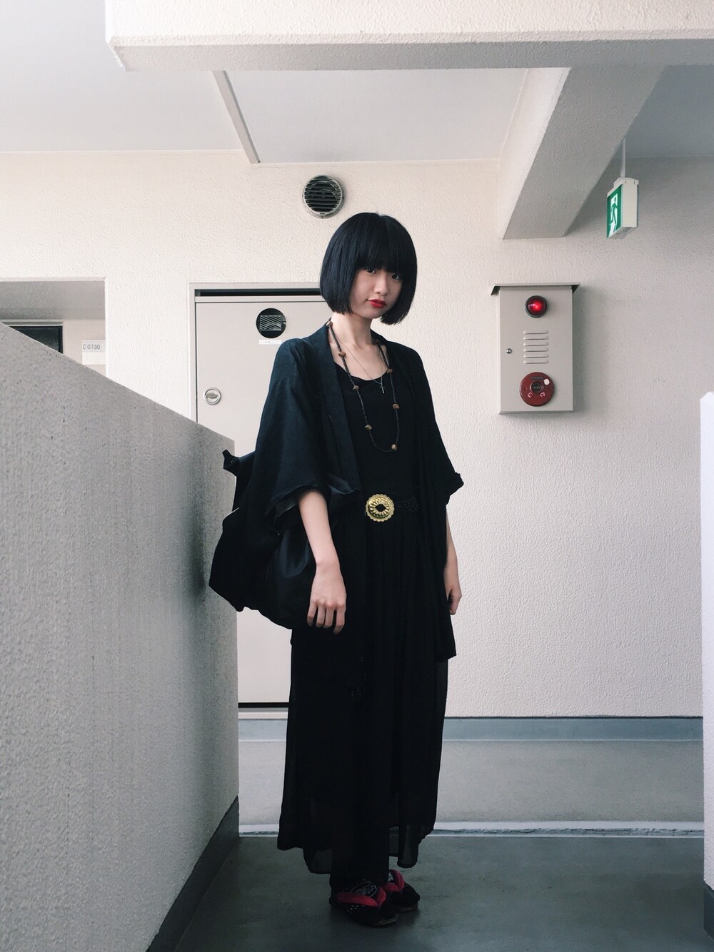 「和装、羽織り、和服、下駄、オールブラック、ブラック」｜「usedのアイテム（その他アウター、ブラック系）」を使った、ｋａｈｏさん（レディース・165cm）の秋コーディネートの1枚目の写真