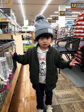 「BRANSHES（ブランシェス）のアイテム（パーカー、グレー系）」を使った、なつ♡さん（キッズ）の冬コーディネート