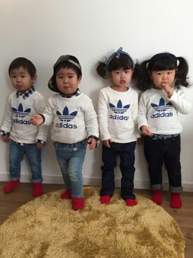 「Handmade（ハンドメイド）のアイテム（その他トップス、ブルー系）」を使った、なつ♡さん（キッズ）の春コーディネート