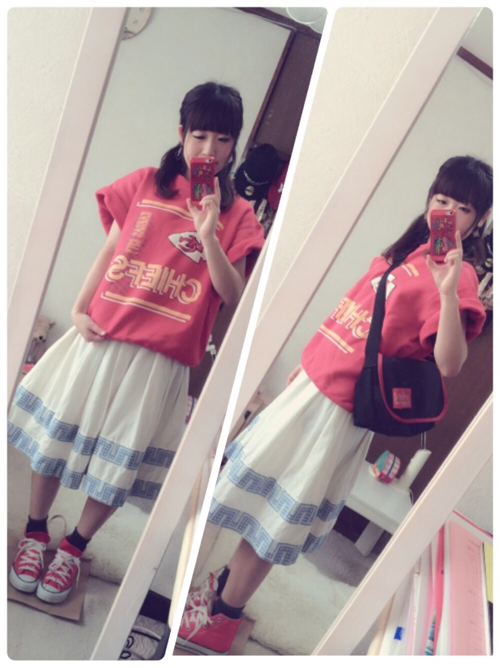 レッド系のスニーカー、ブラック系のメッセンジャーバッグを着用したレディースの秋コーディネートの1枚目の写真