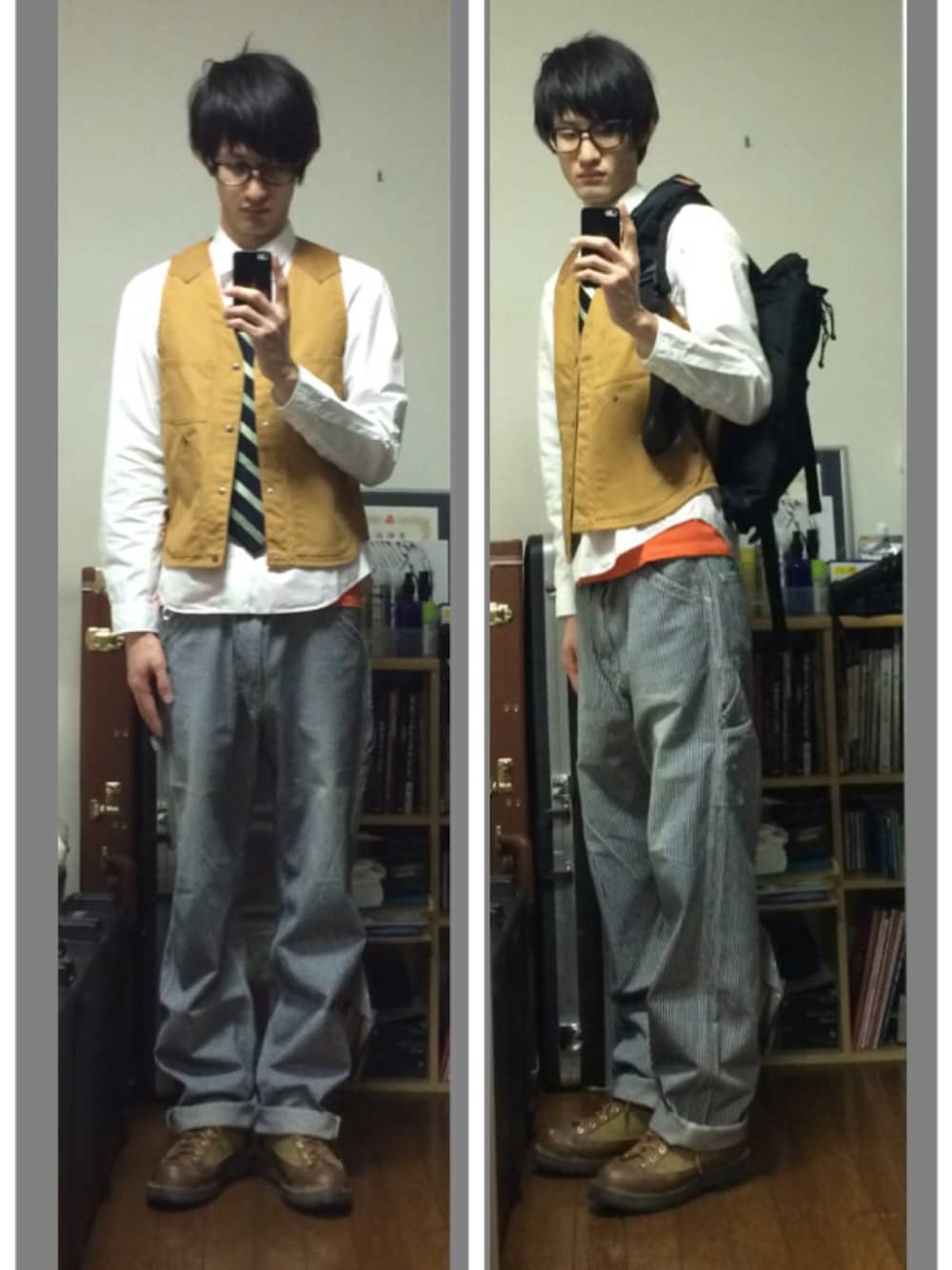 ベージュ系のベスト、ホワイト系のシャツ/ブラウス、オレンジ系のTシャツ/カットソーを着用したメンズの春コーディネートの1枚目の写真