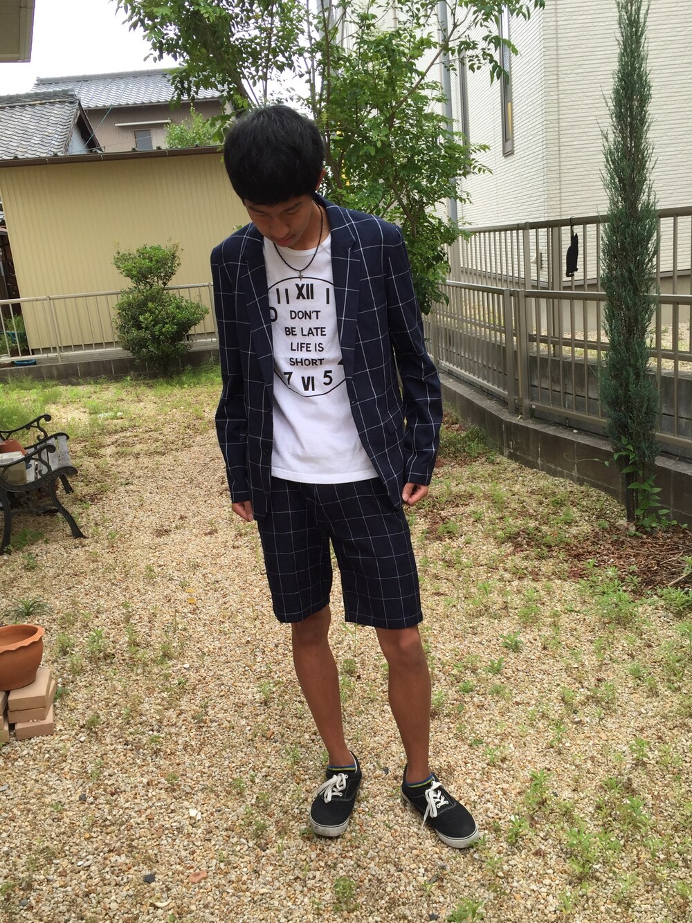 「セットアップ#ウインドペンチェック柄」｜「WEGOのアイテム（テーラードジャケット、ブルー系）」を使った、こーきさん（メンズ・179cm）の夏コーディネートの1枚目の写真