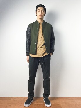 「ノーカラーシャツ」｜「アイテム（スタジャン）」を使った、ryuto irieさん（メンズ・176cm）の秋コーディネート