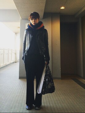 「Martin Margiela」｜「アイテム（ライダースジャケット）」を使った、isakiさん（レディース・158cm）の冬コーディネート
