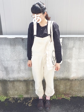 「ノーカラーシャツ」｜「アイテム（オールインワン・サロペット）」を使った、おたーささん（レディース・165cm）の夏コーディネート