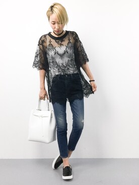 「SLY（スライ）のWOLT JW ANKLE SLIM-A（デニムパンツ）」を使った、COLLENTE(yuco)さん（レディース・168cm）の夏コーディネート