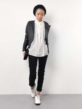 「ラフスタイル」｜「アイテム（ライダースジャケット）」を使った、COLLENTE(yuco)さん（レディース・168cm）の秋コーディネート