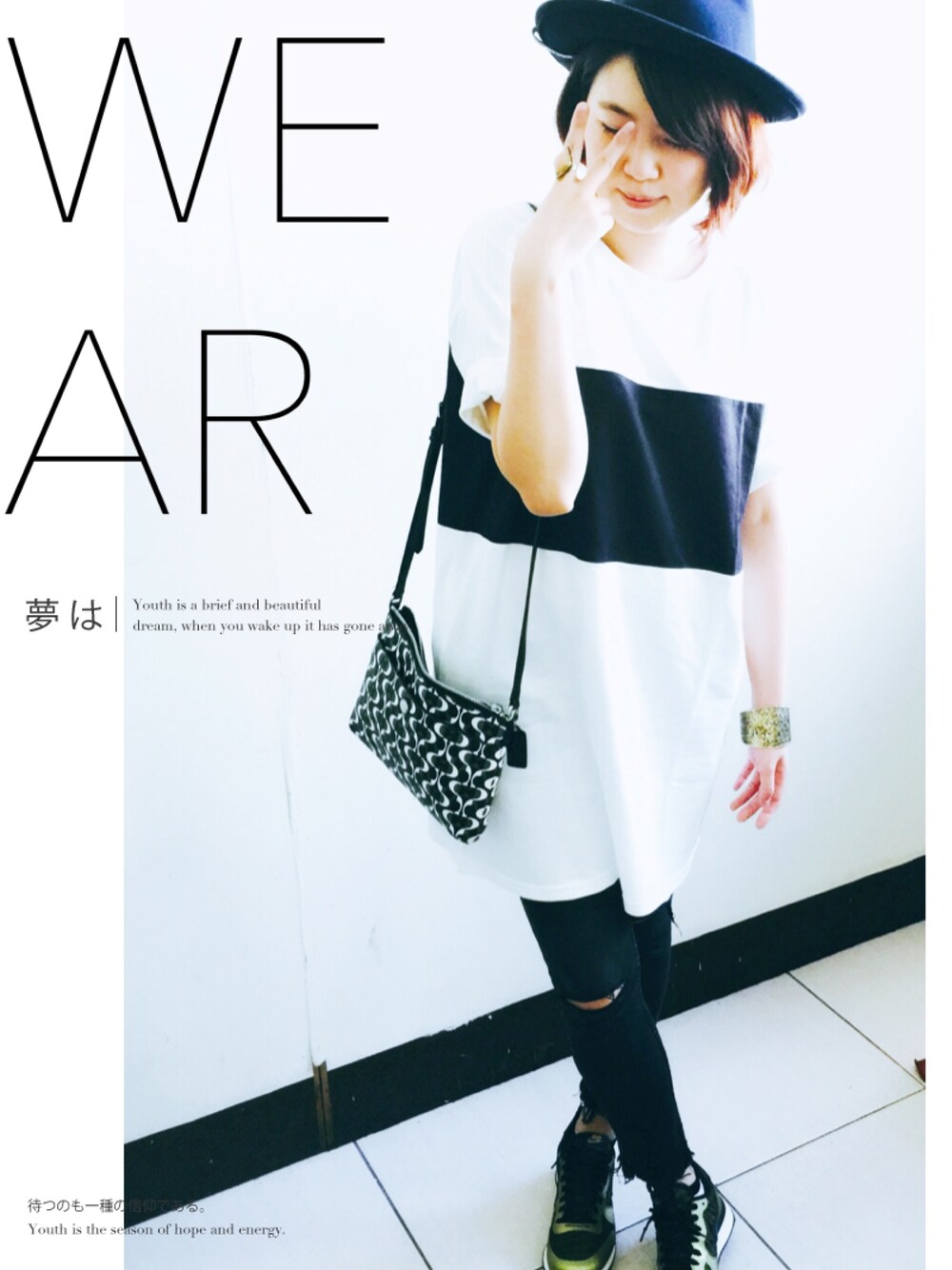 「夏、NIKE、ＨＭ、moussy、白Tシャツ、白、白ニット、黑白」｜「BOWLLER HATのアイテム（ハット、ブラック系）」を使った、miyayayaさん（レディース・160cm）の夏コーディネートの1枚目の写真